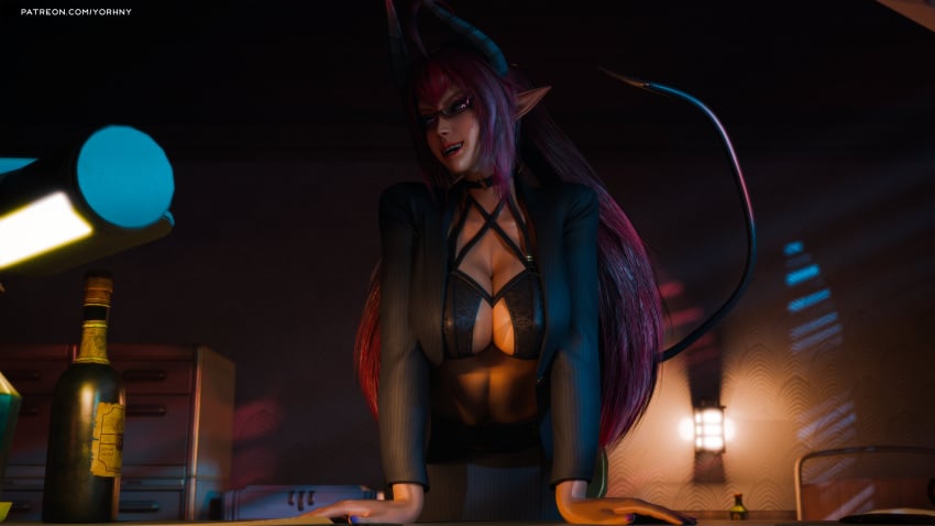 ahoge cleavage daemon_girl glasses glowing_eyes indoors large_breasts long_hair office office_lady pointy_ears red_eyes red_hair sinia stomach succubus succubus_horns succubus_tail toned_stomach yorhny