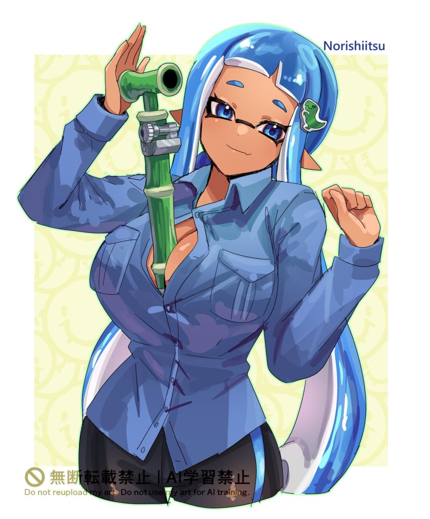 big_breasts blue_eyes blue_hair breasts cleavage female inkling inkling_girl jules_(carranza) long_hair looking_at_viewer matching_hair/eyes matching_hair_and_eye_color nintendo norishiitsu splatoon_(series)