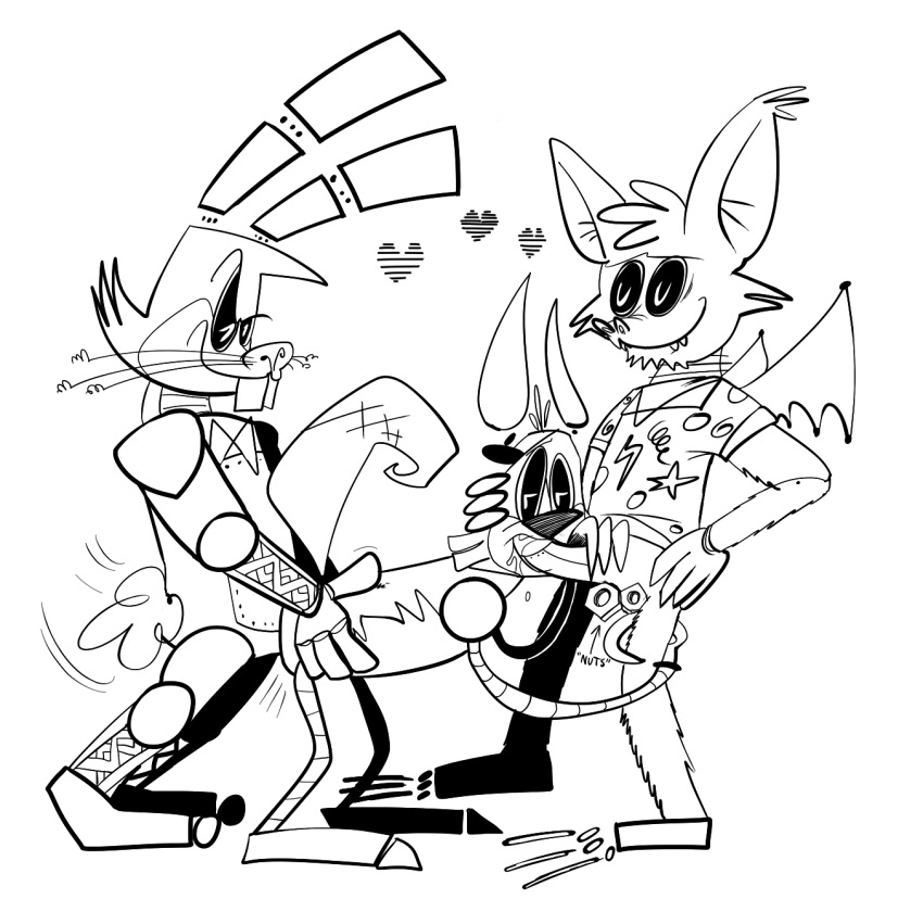 2015 animatronic ass_up balls bat beamz bent_over bonnie_(fnaf) bow_tie canine cum eye_patch eyewear fan_character_(fnaf) five_nights_at_freddy's fox foxy_(fnaf) harvey_rothman hook lagomorph machine male male/male mammal mechanical penetration penis plain_background rabbit robot sex smile teeth