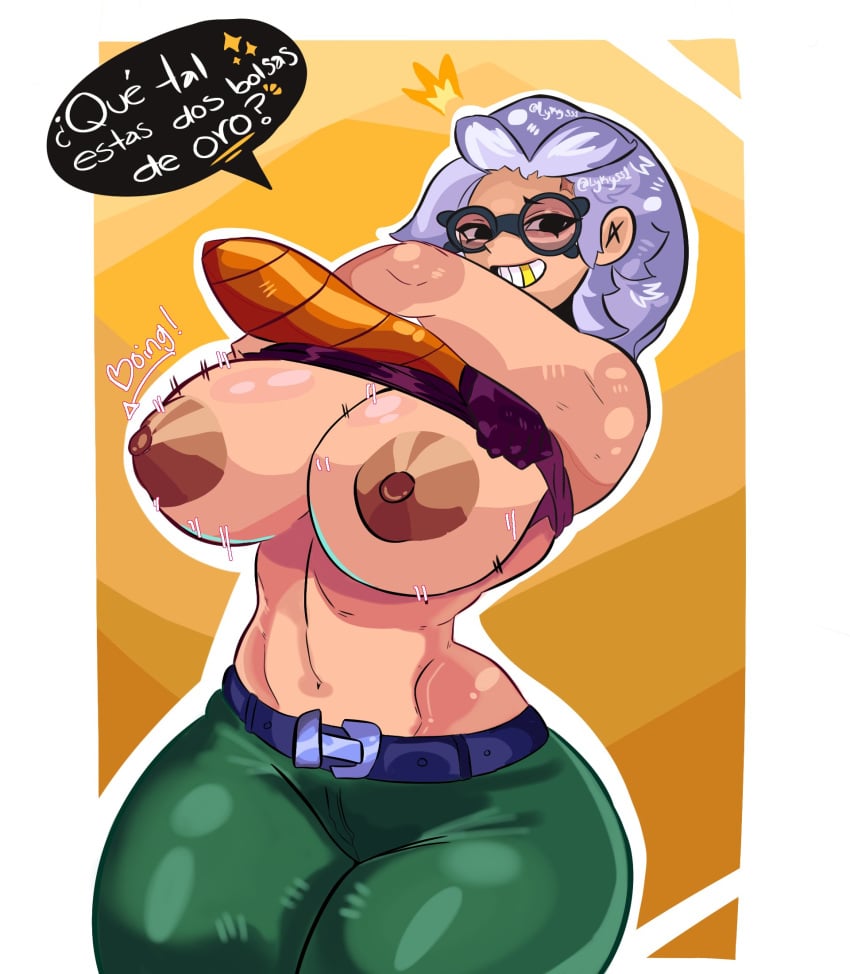 1girls belle_(brawl_stars) belt big_thighs black_eyes bouncing_breasts brawl_stars dark_areola female female_only flashing_breasts glasses gold_tooth green_pants huge_breasts lykyss1 pulling_shirt revealing_breasts robotic_arm slim_waist smiling white_hair