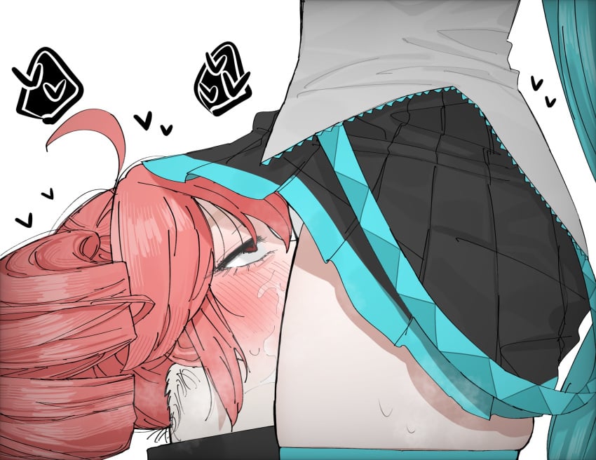 2girls blue_skirt carrot_011 choking_on_pussy cunnilingus deep_cunnilingus hatsune_miku heart kasane_teto pussy_ejaculation pussy_juice pussy_juice_on_face red_hair smothering_pussy standing standing_cunnilingus under_skirt utau vocaloid yuri