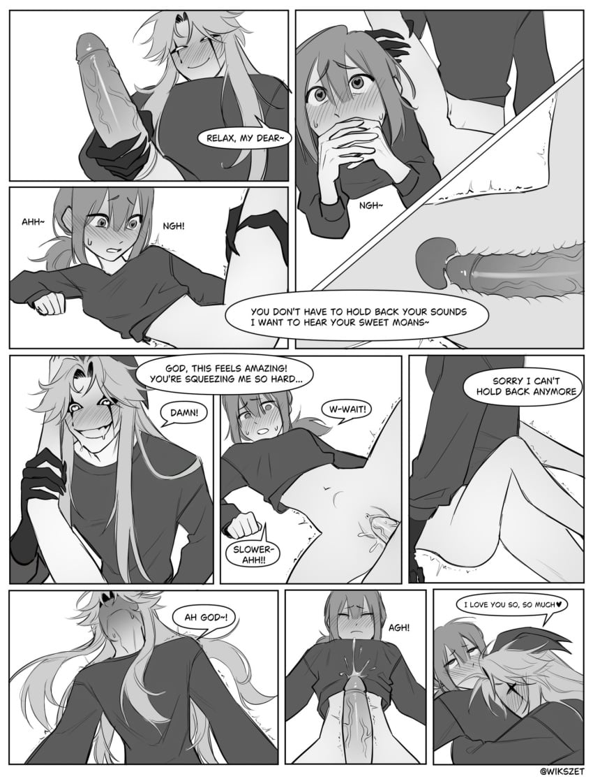 1boy1girl 1girl1boy after_sex_cuddling biting_lip blush blush_lines comic comic_page condom condom_on_penis covering_mouth cuddling cumming_on_breasts cumming_on_chest deep_penetration dialogue drool drooling dubious_consent eyes_rolling_back fast_thrusts female_y/n heart-shaped_pupils holding_leg holding_legs_up horns huge_cock long_hair long_hair_male love_declaration monster monster_boy page_4 pantsless pantsless_female pantsless_male penetration pierrot_(the_freak_circus) pressed_against_pussy pull_out sharp_claws sharp_teeth shivering staring_at_partner sweat sweatdrop sweating sweaty sweaty_face teratophilia text text_bubble the_freak_circus wikszet y/n yandere