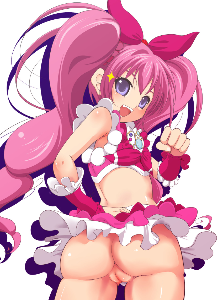 :d ass blue_eyes braid brooch clothing crop_top cure_melody female flat_chest frills hair_ribbon hand_on_hip highres houjou_hibiki jewelry katori_(mocchidou) long_hair looking_back magical_girl miniskirt no_panties open_mouth pink_hair precure pretty_cure pussy ribbon skirt smile solo suite_precure tied_hair twintails wrist_cuffs