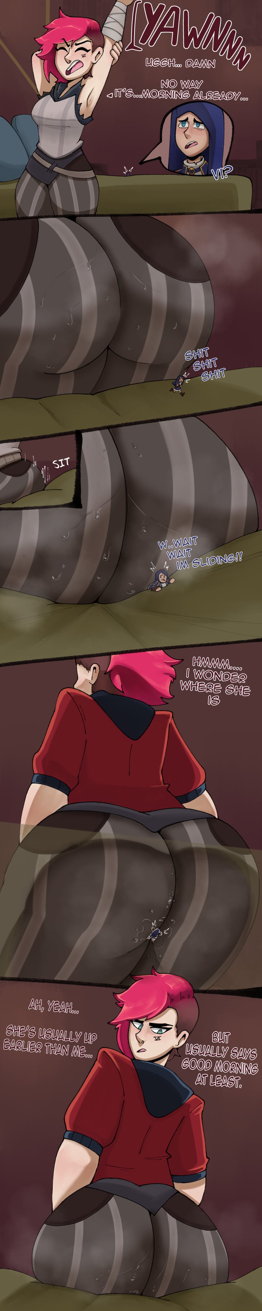 2girls arcane arcane_vi ass blue_eyes blue_hair buttcrush caitlyn_kiramman comic giantess huge_ass league_of_legends light-skinned_female light_skin pink_hair sweat tagme text veruveru21 vi