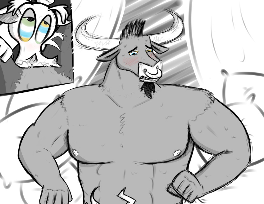 anthro black_and_white blush bovine cattle cushion deep_throat discord_(mlp) eye_contact facial_piercing fellatio friendship_is_magic fur furry goat_beard horn hypnosis iron_will_(mlp) lying male male_only mammal mind_control multiple_males muscles my_little_pony nipples nose_piercing nose_ring nude oral piercing precum sex straight_hair yaoi