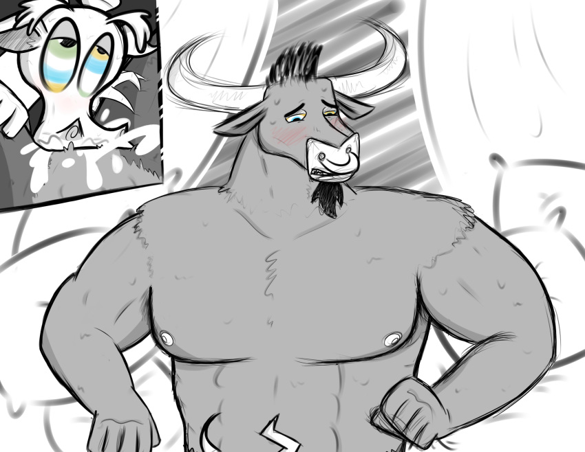 anthro black_and_white blush bovine cattle cum cum_in_mouth cum_inside cumshot cushion deep_throat discord_(mlp) eye_contact facial_piercing fellatio friendship_is_magic fur furry goat_beard horn hypnosis inside iron_will_(mlp) lying male male_only mammal mind_control multiple_males muscles my_little_pony nipples nose_piercing nose_ring nude oral orgasm piercing precum sex straight_hair yaoi