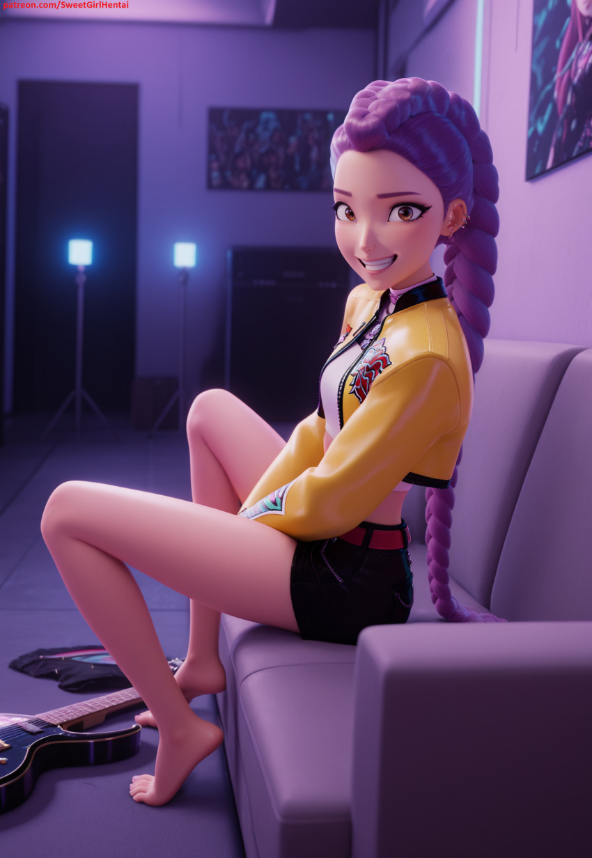 3d 3d_(artwork) 3dcg ai ai-created ai_art ai_generated bare_legs barefoot cgi cgi_girl feet feet_fetish female from_behind guitar indoors inside instrument jacket kpop_demon_hunters legs long_hair looking_at_viewer midriff on_couch purple_hair rumi_(kpop_demon_hunters) short_shorts sitting smile solo thighs toes very_long_hair