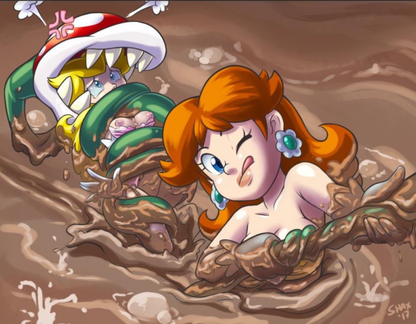 1other 2017 2girls blonde_hair blue_eyes breasts brown_hair clothing dirty earrings female mario_(series) mud muddy multiple_girls nintendo nipples one_eye_closed outdoors piranha_plant plant princess_daisy princess_peach quicksand shaxbert teeth tongue tongue_out vore