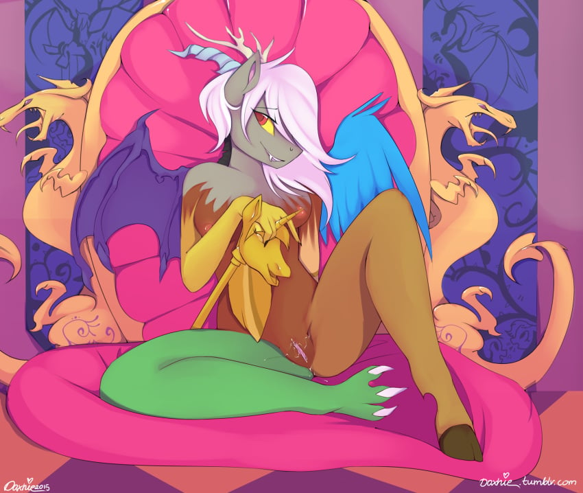 anthro bedroom_eyes daxhie discord_(mlp) eris_(mlp) friendship_is_magic fur hair horn hybrid long_hair mammal my_little_pony pussy rule_63 straight_hair throne tumblr twicane wings