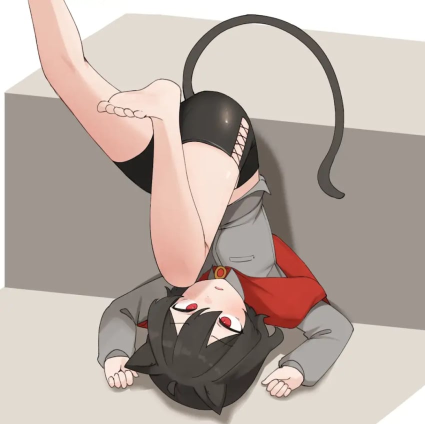 animal_ears bare_legs bare_thighs barefoot black_hair black_shorts cat_ears cat_eyes cat_tail clumsy daebom gray_shirt kemonomimi nekomimi puma_(daebom) shorts tagme tail upside-down vertical_pupils war_thunder