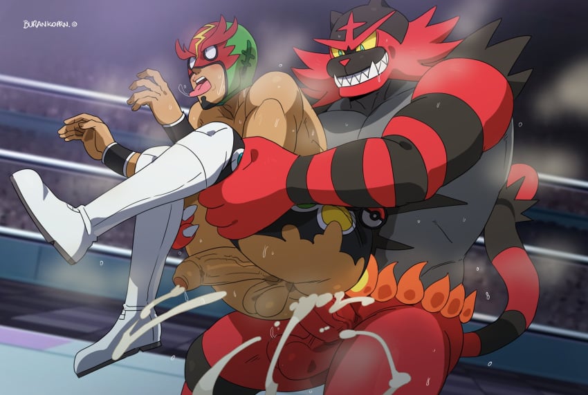 2024 ahe_gao anal anal_sex balls black_body black_fur bodily_fluids burankoprn clothed clothing detailed_background duo erection felid feline fur gay gay_sex generation_7_pokemon genitals hi_res incineroar interspecies kukui_(pokemon) male male/male male_only male_penetrated male_penetrating male_penetrating_male mammal masked_royal nintendo partially_clothed penetration penis pokemon pokemon_(species) pokemon_professor pokephilia professor_kukui red_body red_fur sex smile stripes sweat torn_clothing