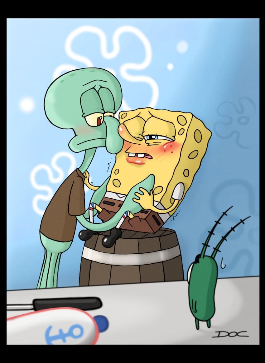 accidental_voyeurism blush caught caught_in_the_act cephalopod copepod doc1999 fanart gay male male_only nickelodeon non-human non-human_only octopus pastel sea_sponge sheldon_j._plankton simple_background spongebob_squarepants spongebob_squarepants_(character) squidward_tentacles voyeurism