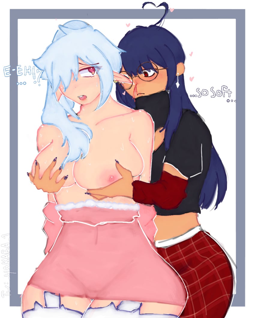 2girls blue_hair breasts clothed_female elf_ears female_only girl_with_glasses glasses grabbing_breasts lesbian_couple multiple_girls nail_polish nails nails_painted naked_female no_bra no_panties no_underwear nosebleed pink_eyes pink_nipples roblox roblox_avatar robloxian simple_background text watermark white_hair yakara yuri