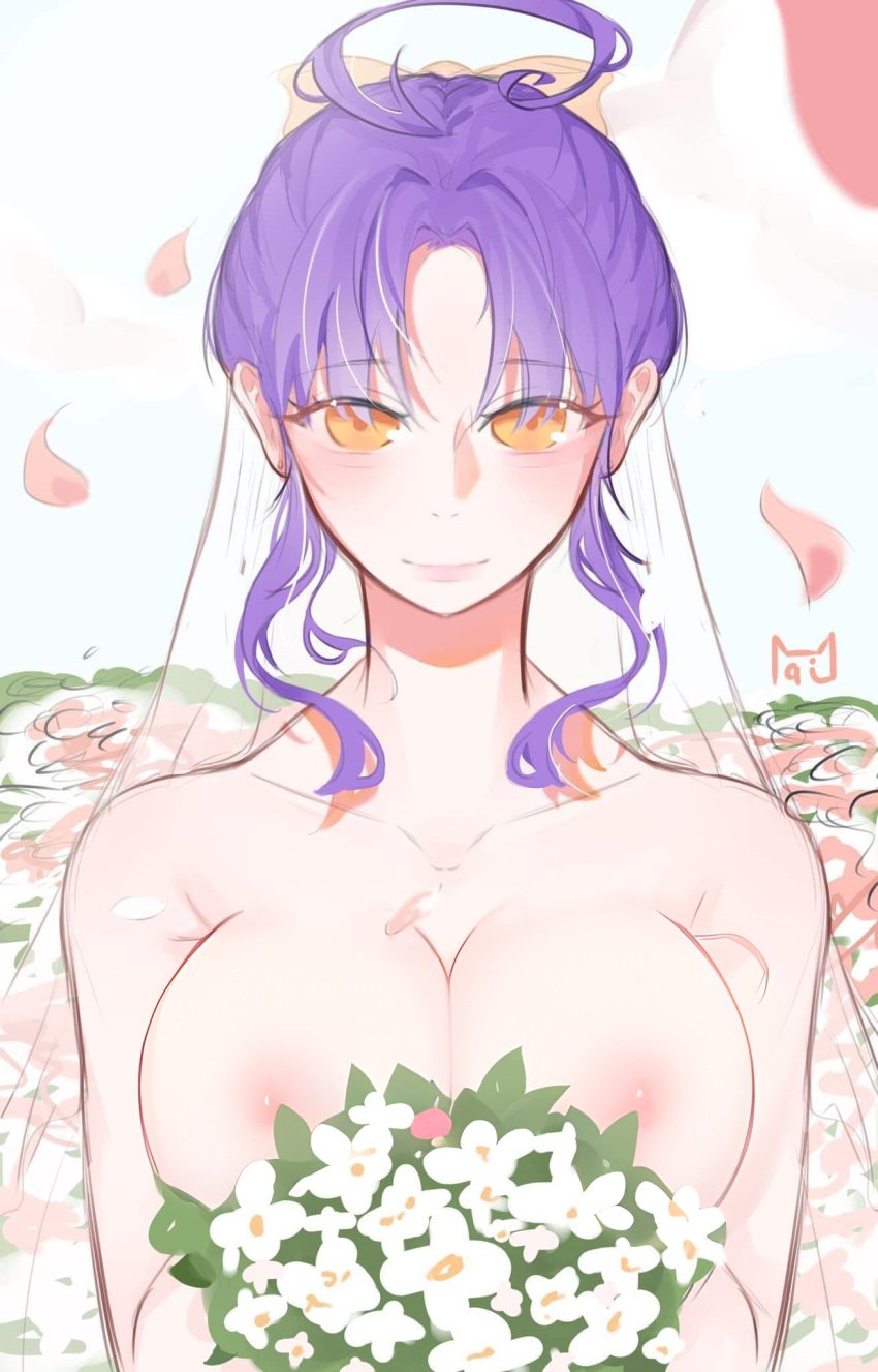 amy(lhms) flower jaki nude purple_hair wedding_dress white_skin yellow_eyes