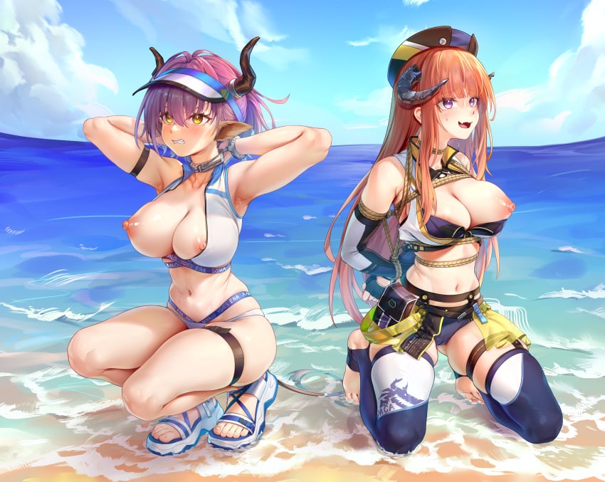 2girls arknights bagpipe_(arknights) bagpipe_(queen_no._1)_(arknights) beach bound horns rayless sideroca_(arknights) sideroca_(light_breeze)_(arknights)