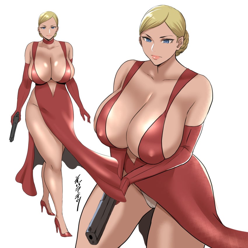 1girls 2d 2d_(artwork) android areola_bulge blank_background blonde_female blonde_hair blonde_hair_blue_eyes blonde_hair_female blue_eyes cleavage digital_drawing_(artwork) digital_media_(artwork) gun handgun holding_pistol no_bra pantyshot pistol red_dress robot robot_girl shibusun t-x terminator white_background white_panties