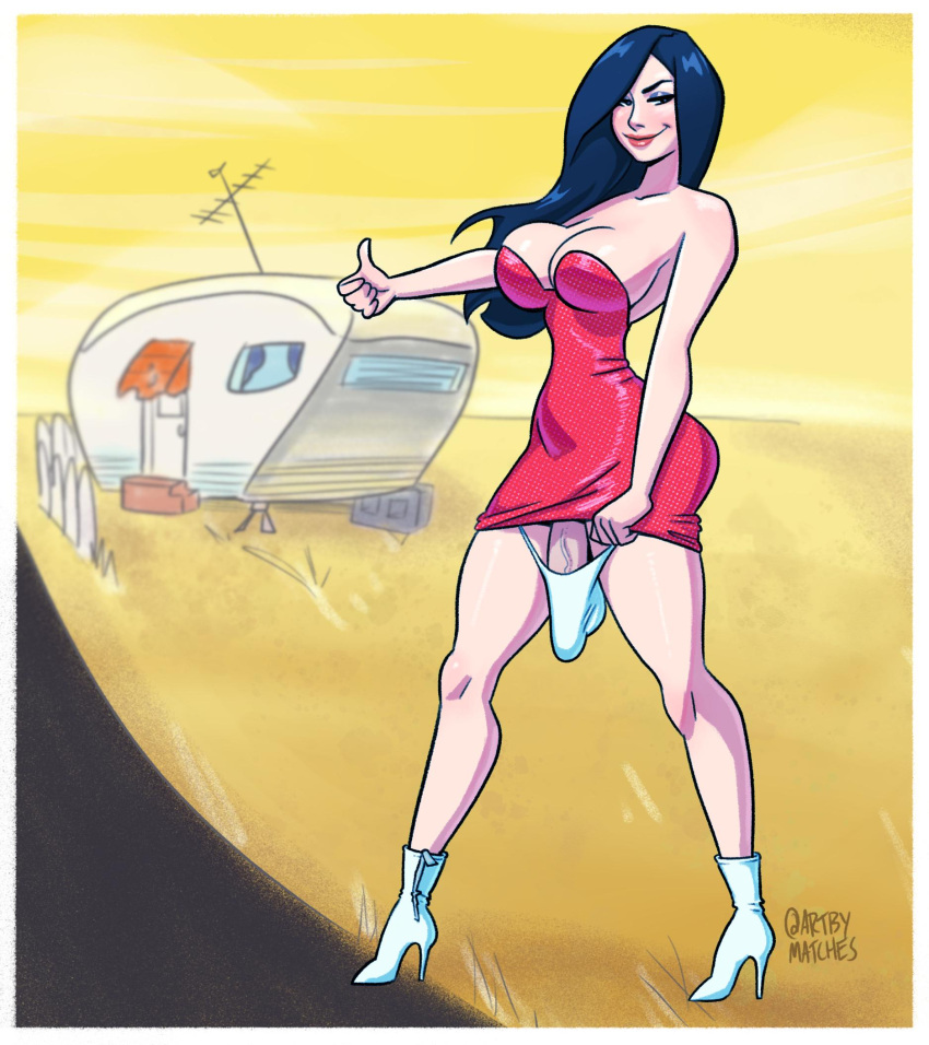 1futa 2d 2d_(artwork) artbymatches black_hair black_hair_futa breasts cleavage clothing futa_only futanari high_heels hitchhiking human intersex large_breasts light-skinned_futanari light_skin long_hair mobile_home off-shoulder_dress original_character pale_skin panties red_dress smile smiling solo solo_futa trailer_(vehicle) white_high_heels white_panties