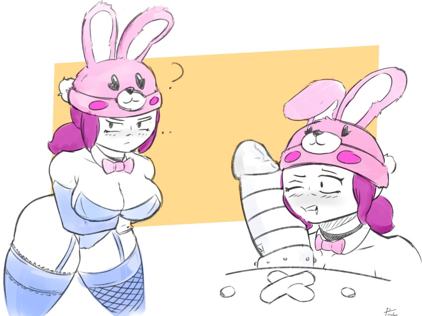 brawl_stars breasts bunny_penny_(brawl_stars) bunnysuit darryl_(brawl_stars) face_on_penis penny_(brawl_stars) pricklemelon robot_penis