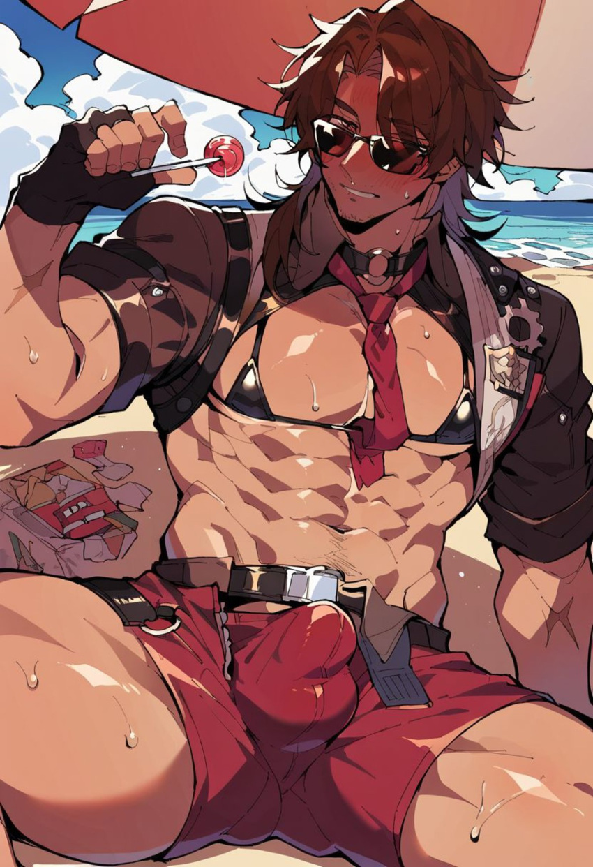 1boy abs ai_generated barely_clothed beach belts brown_hair bulge bulge_through_clothing gallagher_(honkai:_star_rail) gay gloves lollipop long_hair male male_focus male_in_bikini male_only micro_bikini muscular muscular_male outdoors outside pecs pectorals sinchilee solo tagme yaoi