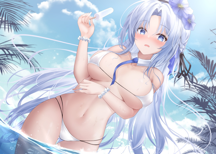 1girls absurdres alsace_(azur_lane) alsace_(heat-beating_summer_sacrament)_(azur_lane) azur_lane between_breasts bikini blue_eyes blue_hair blue_necktie blush breasts detached_collar female flower food hair_flower hair_ornament highres iris_libre_(azur_lane) large_breasts light-skinned_female light_skin long_hair looking_at_viewer navel necktie official_alternate_costume partially_submerged popsicle proverbs_zhenyan stomach swimsuit very_long_hair white_bikini