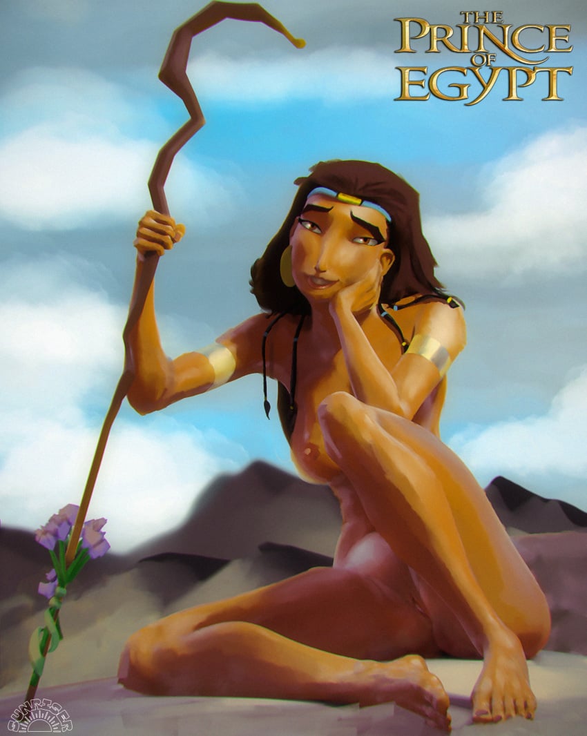 black_hair breasts breasts brown_eyes dark-skinned_female dark_skin dreamworks female flower looking_at_viewer shepherd's_crook sitting smile stick sunriser tanned tanned_female tanned_skin the_prince_of_egypt tzipporah vagina