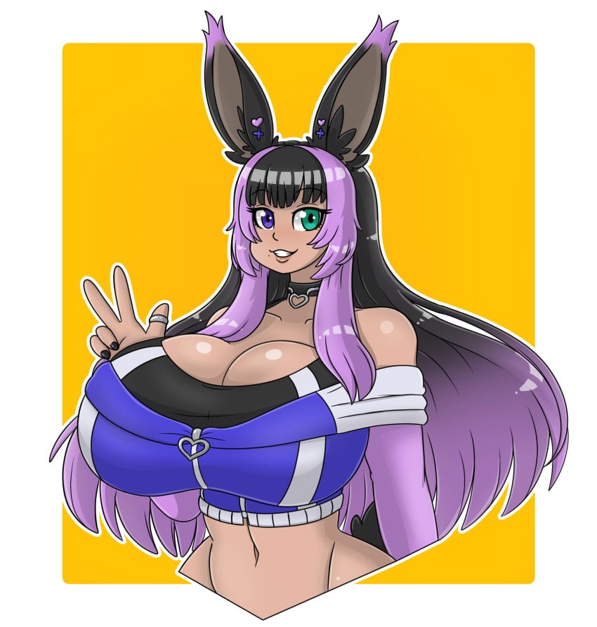 1female 1girl 1girls belly_button big_breasts black_collar black_hair black_hair_female black_nail_polish black_nails blue_eyes blue_eyes_female breasts breasts_bigger_than_head bunny_girl character_request cleavage clothed collar eyebrows_visible_through_hair female giant_breasts green_eyes green_eyes_female heart_collar heterochromia huge_breasts jumneyarts long_ears multicolored_hair peace_sign purple_hair purple_hair_female rabbit_ears silver_ring smile solo solo_female stretched_shirt yellow_background