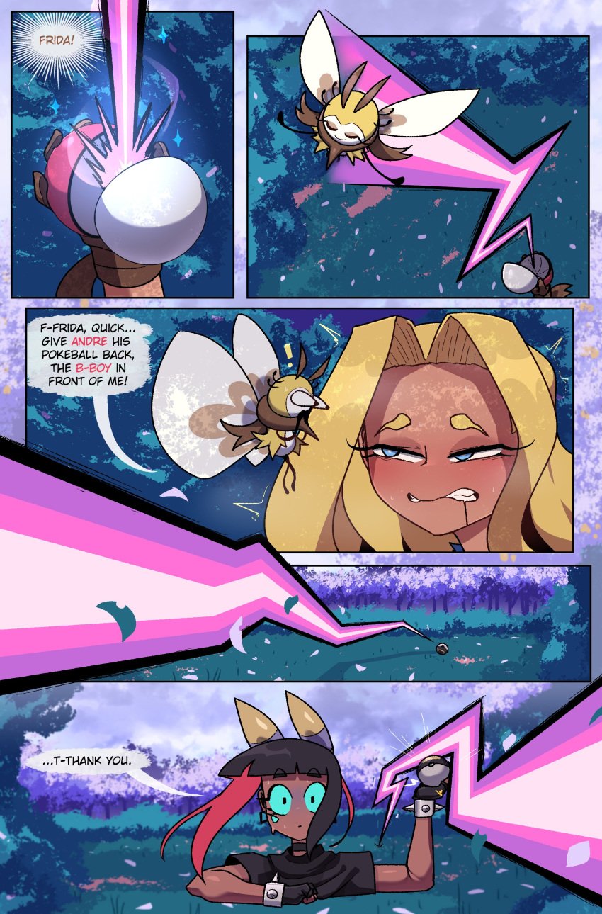 1boy 1girls andre_(cuchuflin) comic comic_page cuchuflin dark-skinned_male dark_skin dialogue female femboy kankaku_shadan male pokémon_(species) pokemon ribombee romi_(cuchuflin) sensory_deprivation tagme tentacle_pit