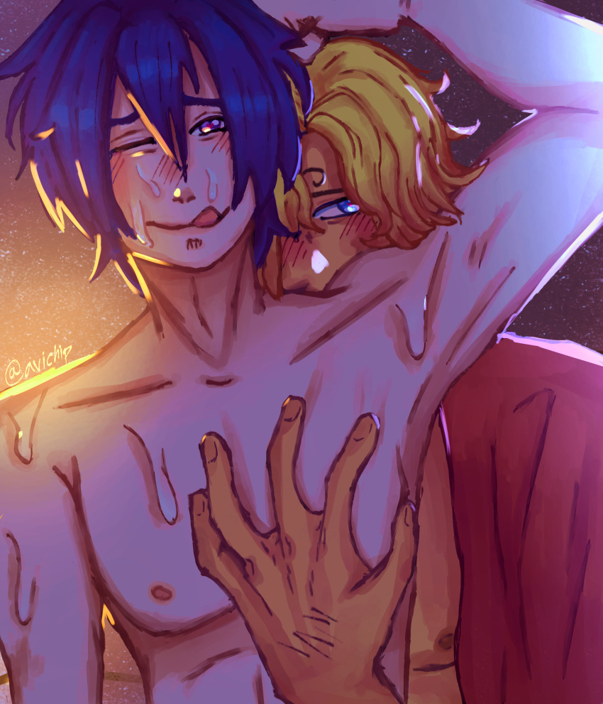 artist_request blonde_hair blue_eyes blue_hair crack_pairing crack_ship crossover kaito_(vocaloid) male male_only no_visible_genitalia one_piece sanji skinny vocaloid yaoi