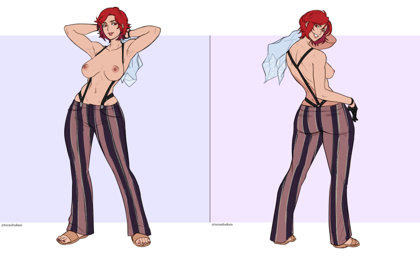 athletic athletic_female big_breasts breasts busty female female_focus female_only full_body hourglass_figure king_of_fighters makeup milf pants pinup pinup_pose red_eyes red_hair sandals short_hair snk suspenders tagme topless torashu-kun vanessa_(kof) wide_hips