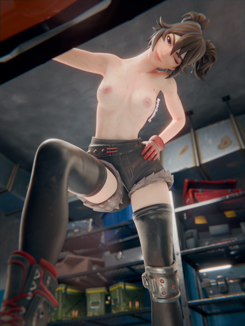 3d breasts_out fortnite fortnite:_battle_royale gloves looking_at_viewer looking_down_at_viewer paprikablend shorts small_breasts solo_female sweat sweaty sweaty_breasts the_machinist_(fortnite) thighhighs topless_female