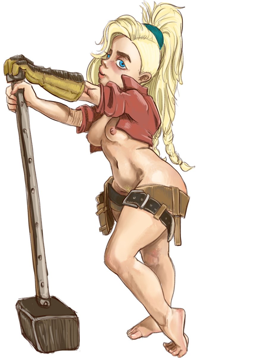 1girls bare_legs barefoot belt blacksmith blonde_hair blue_eyes braid breasts_out crop_top crop_top_jacket female gemma_(monster_hunter_wilds) gloves hammer monster_hunter monster_hunter_wilds ponytail pubic_hair small_breasts solo tool_belt