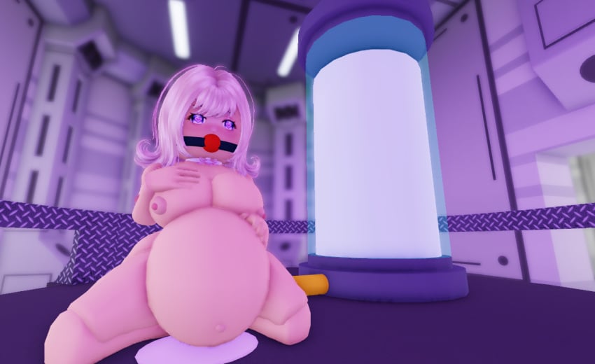 3d belly belly_expansion belly_inflation bloated_belly blonde_hair blush collar cumflation gagged girl heart-shaped_pupils inflation laboratory large_belly large_breasts on_knees roblox roblox_studio robloxian solo_female tagme tagme_(artist)