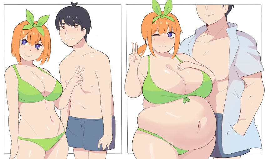 1boy1girl 1girls before_and_after big_breasts bikini blush bow breasts canon_couple cleavage clothed clothing color duharu fat female go-toubun_no_hanayome height_difference height_growth muscle_growth muscular_male nakano_yotsuba napolitane navel orange_hair overweight_female plump potbelly purple_eyes swimming_trunks swimsuit thick_thighs uesugi_fuutarou weight_gain wink