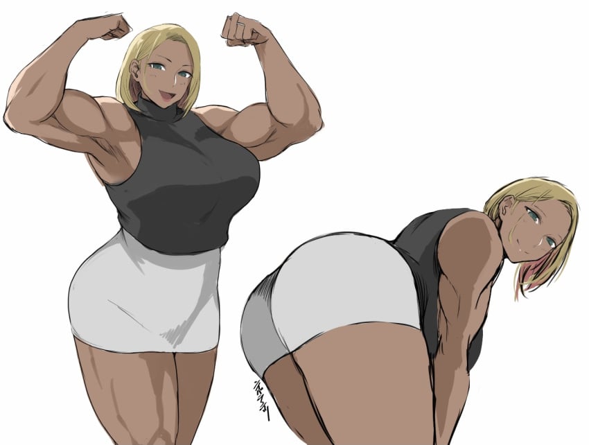 1girls 2d 2d_(artwork) black_sleeveless_turtleneck blonde_female blonde_hair blonde_hair_female chin_length_hair dark-skinned_female dark_skin digital_media_(artwork) flexing_arms green_eyes looking_at_viewer miniskirt muscles muscular muscular_female shibusun sleeveless_turtleneck solo solo_female white_miniskirt