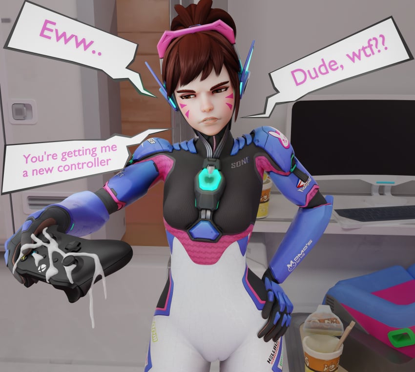 3d angry annoyed blizzard_entertainment brown_eyes brown_hair controller cum cum_on_fingers cum_on_object d.va disgusted overwatch overwatch_2 saidegen text text_bubble