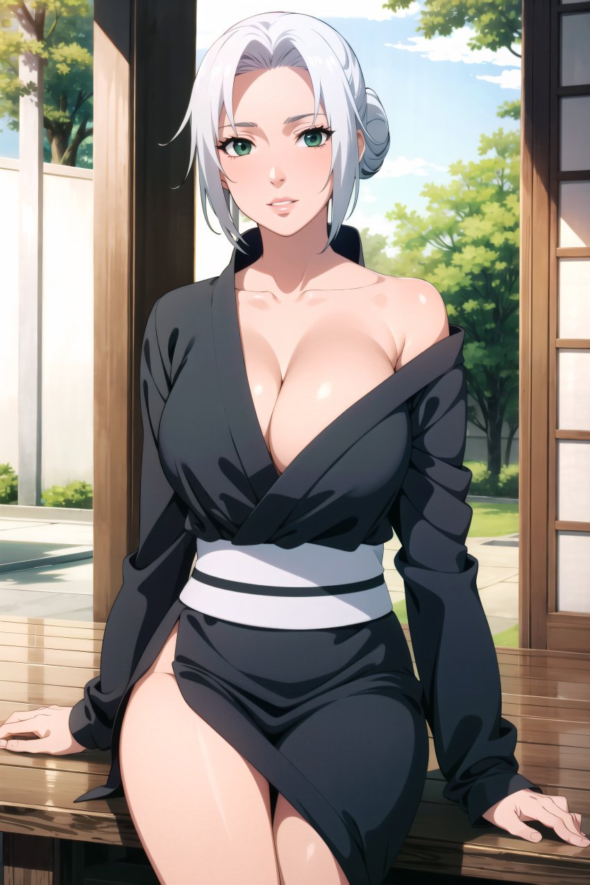 1girls ai_generated alternate_skin_color bangs bare_legs bare_shoulders bare_thighs big_breasts breasts cleavage curvaceous curvy curvy_figure female female_focus female_only hair_bun huge_breasts japanese_clothes kimono legs_together lipstick long_hair looking_at_viewer mabui makeup nai_diffusion naruto naruto_(series) naruto_shippuden no_bra no_bra_under_clothes off_shoulder one_side_up oppai ragnarock_ai robe shiny shiny_hair shiny_skin sitting skindentation smooth_skin solo stable_diffusion teal_eyes tied_hair upper_body wafuku white_hair wide_hips yukata