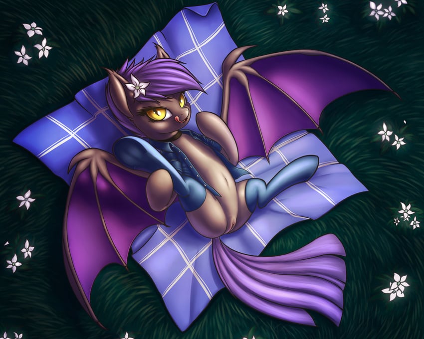 2015 bat_pony blanket clothing equine fan_character female feral flower friendship_is_magic fshydale hair legwear looking_at_viewer lying mammal membranous_wings my_little_pony on_back outside plant pussy smile solo spread_legs spreading stockings tongue tongue_out wings yellow_eyes