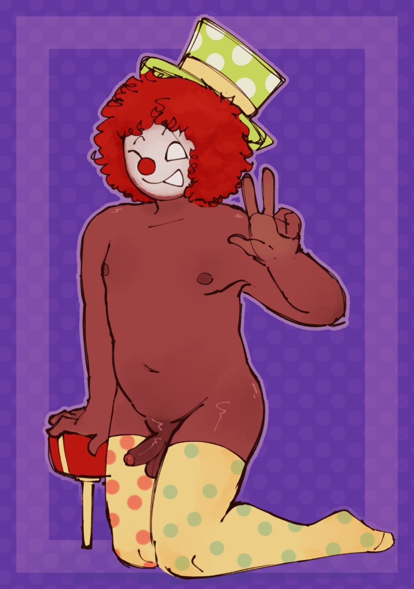 bear_(game) brown_nipples brown_skin clown clown_makeup curly_hair dark-skinned_male dark_skin femboy femboy_focus femboy_only foreskin lefishaue_(artist) male male_only peace_sign pinup red_hair roblox roblox_game robloxian shaved_crotch shiny_skin sicky_hammens_(bear) solo solo_male thighhighs twink winking_at_viewer