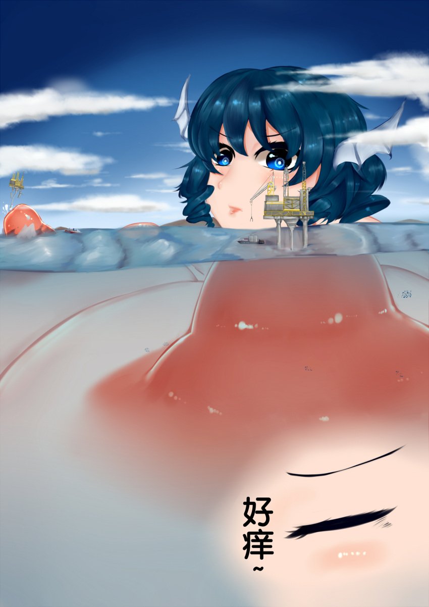 angry_expression blue_hair fish_girl gabbit giant_female giantess gigantic_nipples goddess hard_nipples huge_nipples lactating looking_at_another macro_female ocean oil_rig underwater