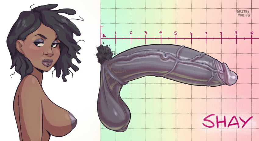 1futa 2d artbymatches big_penis black_hair black_hair_futa breasts club_shaped_penis dangling_testicles dark-skinned_futanari dark_skin digital_media ebony futa_only futanari huge_penis large_penis measurements original original_character penis sagging_balls saggy_balls shay_(artbymatches) solo solo_futa uncensored vein veiny_penis