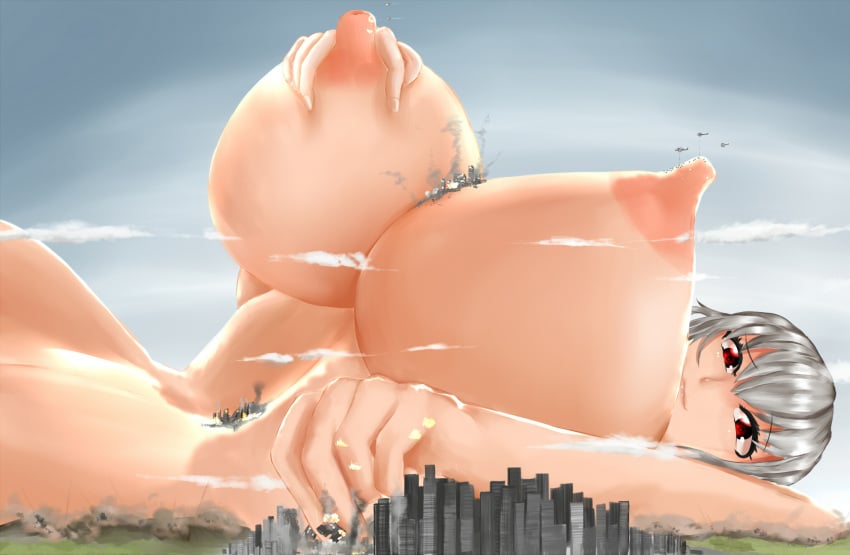 city_destruction clouds earth gabbit giantess giga_giantess gigantic_breasts goddess hand_on_breast horny_female laying_on_back looking_down looking_down_at_another macro_female nipple_insertion nipples silver_hair