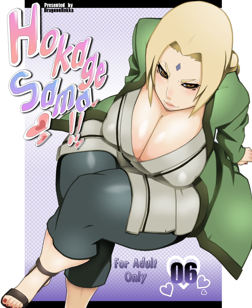 arm_support artist_name blonde_hair breasts brown_eyes cleavage dragoonrekka female female_only forehead_protector from_above huge_breasts human nail_polish naruto red_nails sitting solo tsunade