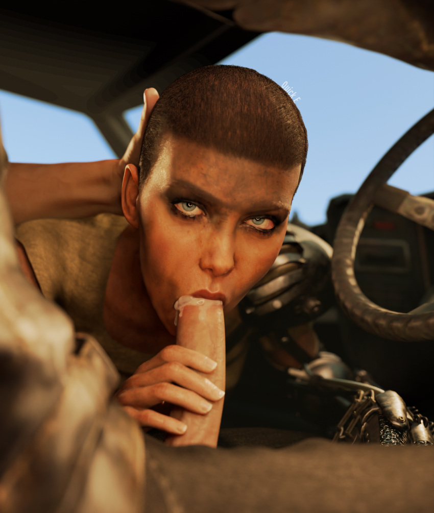 1boy 1girls 3d 3d_(artwork) big_penis blowjob blue_eyes car clothed clothed_female clothed_male cum cum_in_mouth cum_inside female imperator_furiosa in_car light-skinned_female light-skinned_male light_skin looking_at_viewer mad_max male oral oral_penetration oral_sex partial_male penis prosthetic prosthetic_arm prosthetic_limb quick_e shaved_head steering_wheel sucking sucking_penis