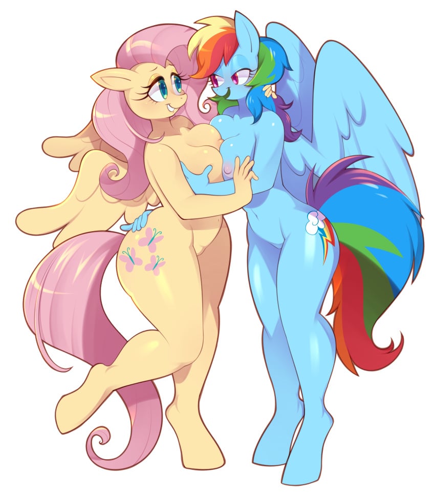 absurd_res anthro arm_around_neck arm_around_partner arm_around_waist ass bangs bedroom_eyes big_tail blue_body blush breast_fondling breast_grab breast_play breast_squish breasts cutie_mark digital_media_(artwork) digitigrade duo equid equine eye_contact eyelashes female female/female fluttershy_(mlp) fondling friendship_is_magic frottage green_eyes hair hand_on_breast hand_on_butt hasbro hi_res hooves horse hug long_hair long_tail looking_at_another mammal mane multicolored_hair multicolored_mane my_little_pony mythological_creature mythological_equine mythology narrowed_eyes nipples norithecat nude pegasus pink_hair pink_mane pony purple_eyes rainbow_dash_(mlp) rainbow_hair rainbow_mane romantic seductive simple_background smile squish tail thick_thighs white_background wings yellow_body