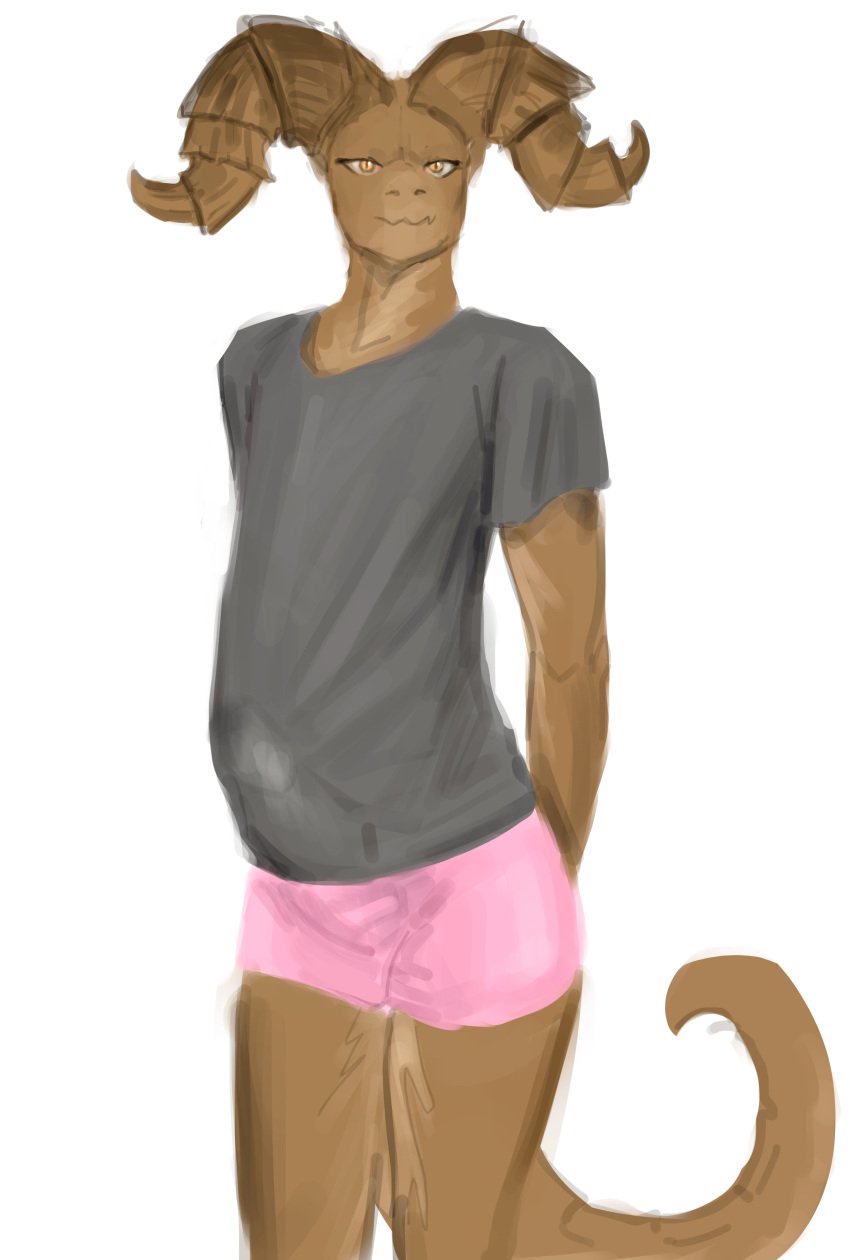 1boy 2d_(artwork) absurd_res anthro big_penis bottomwear claws clothed clothing color colored deathclaw drawn erection_under_clothes eye_contact fallout femboy feral genitals handwear hecreat hi_res horns huge_cock looking_at_another male male_only microsoft shirt shorts sketch smile solo t-shirt tail thick_thighs topwear