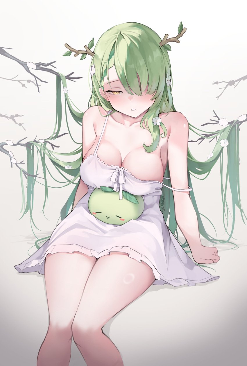 1girls 2d bare_shoulders big_breasts breasts breasts_on_head camisole ceres_fauna fan_mascot_(vtuber) female female_only flower flower_in_hair green_hair hair_over_one_eye half-closed_eyes hololive hololive_english hololive_english_-council- hololive_english_-promise- horns large_breasts long_hair mole mole_under_eye namiorii saplings_(ceres_fauna) simple_background sitting sitting_on_lap solo thick_thighs thighs virtual_youtuber vtuber white_background white_camisole yellow_eyes