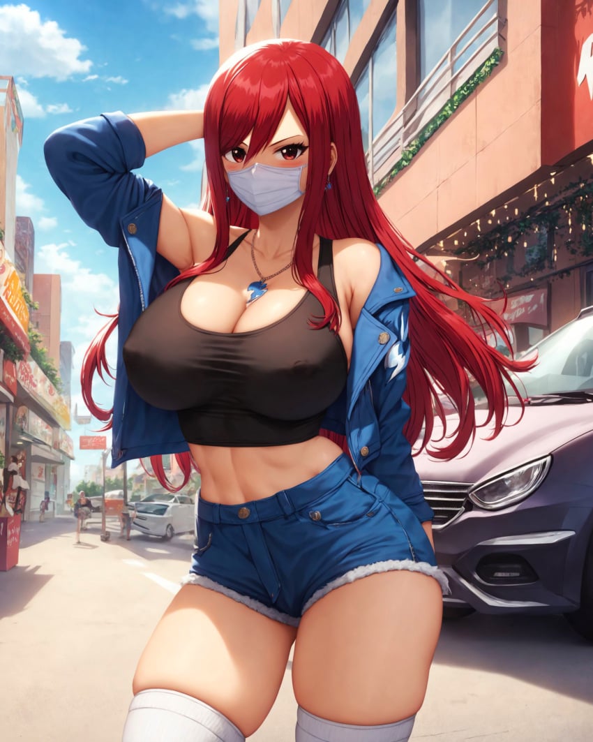 1girls ai_generated alex-schura arm_behind_head bangs bare_shoulders belt black_tank_top blue_jacket blue_sky blush breasts brown_eyes building car city clavicle cleavage clothing cloud completely_nude covered_mouth crop_top curvaceous curvaceous_female curvaceous_figure curvy curvy_figure day denim denim_shorts earrings erza_scarlet fairy_tail female female_focus female_only ground_vehicle hair_between_eyes jacket jewelry large_breasts legwear long_hair long_sleeves looking_at_viewer mask midriff motor_vehicle mouth_mask navel necklace off_shoulder open_clothes open_jacket outdoors people piercing red_eyes red_hair road shirt short_shorts shorts skindentation sky solo solo_focus standing stomach surgical_mask tank_top thighhighs thighs vehicle voluptuous voluptuous_female white_legwear white_thighhighs