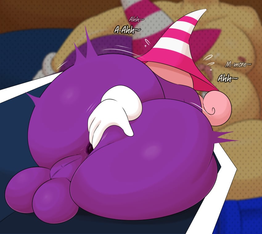 1boy 1girls absurd_res anus ass balls big_butt clothing coffee_demon duo fingering fingering_anus fingering_partner futa genitals ghost gloves hair handwear hat headgear headwear hi_res huge_butt human male mammal mario_(series) masturbation nintendo paper_mario pink_hair purple_body spirit text vivian_(paper_mario)