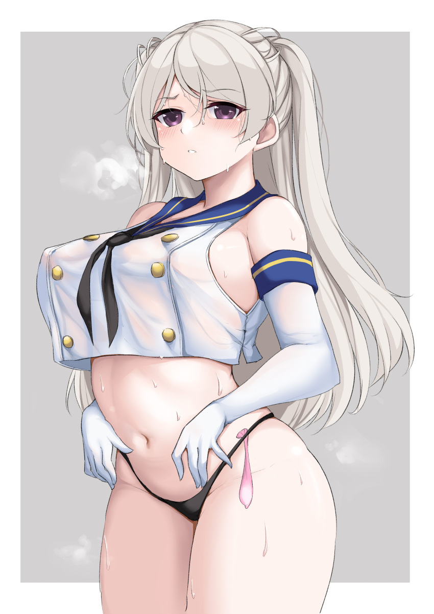 1girls absurdres black_neckerchief black_panties blue_sailor_collar blush breasts brown_eyes condom conte_di_cavour_(kantai_collection) cosplay cowboy_shot crop_top crop_top_overhang elbow_gloves female female_only gloves grey_hair groin highleg highleg_panties highres jiangyou_dang kantai_collection large_breasts light-skinned_female light_skin long_hair navel neckerchief open_mouth panties pink_condom sailor_collar shimakaze_(kantai_collection)_(cosplay) sleeveless solo two_side_up underwear used_condom white_gloves