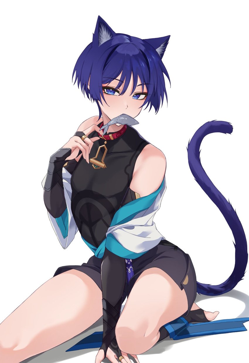 catboy chobonu clothed digital_media_(artwork) femboy genshin_impact male_focus male_only scaramouche_(genshin_impact) solo solo_male twink